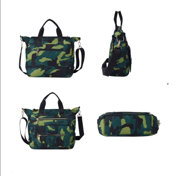 Green Camouflage Pattern Nylon Convertible Bag with Handle and Shoulder Strap - Picture 4 of 6